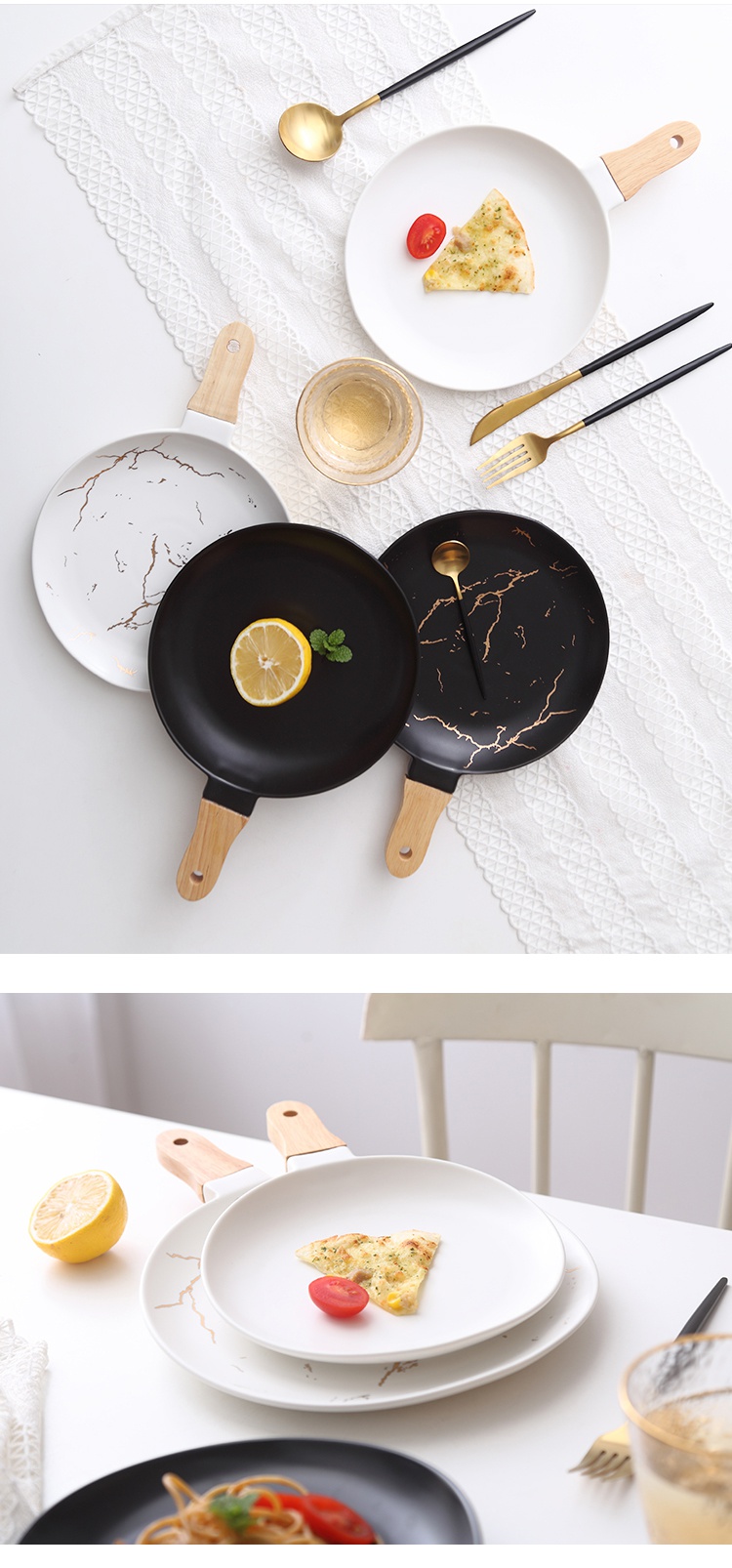 The Nordic tableware marble matte enrolled gold ceramic tableware with wood, ceramic disc steak plate western - style food plate of pasta dish