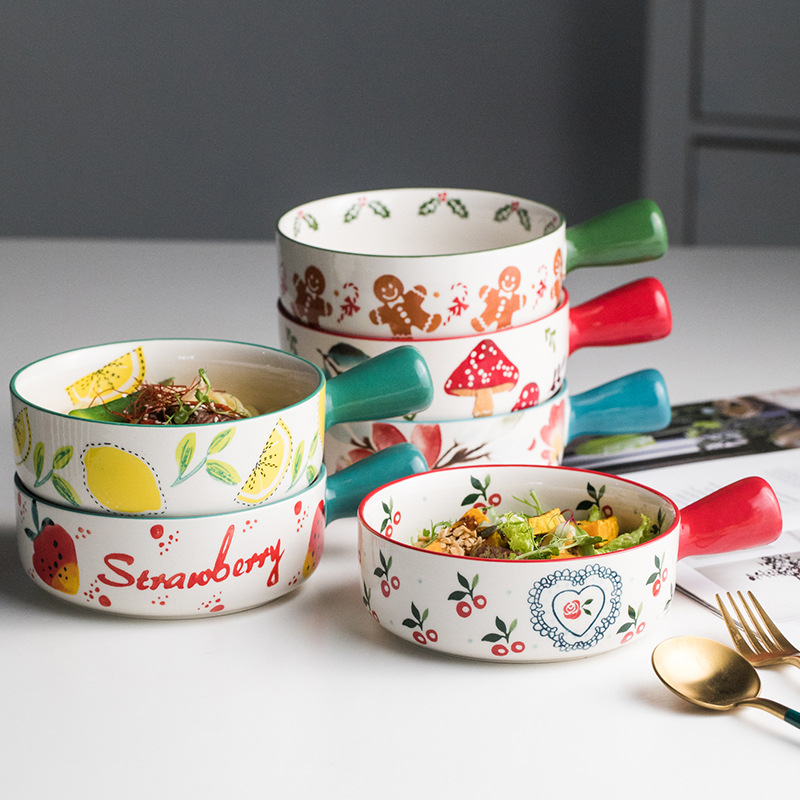 Northern wind hand - made with handle ceramic bowl creative individual rainbow such use baking bake bowl dessert bowl of salad bowl for the job