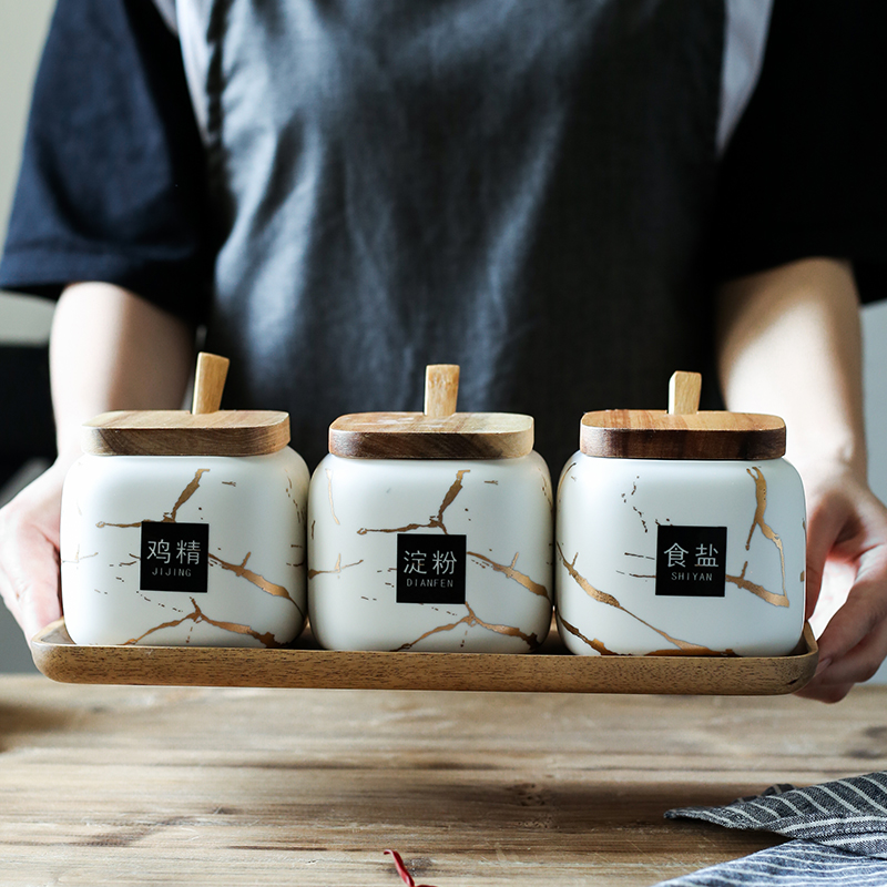 Nordic matte enrolled in marble ceramic sauce seasoning, cooking pot home box of kitchen seasoning spice bottles suit