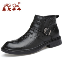 2021 new crocodile print high help leather shoes casual mens shoes business winter gush warm with cotton shoes Martin boots