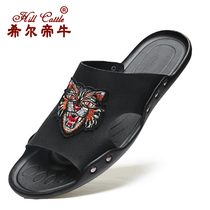 Genuine leather black word drag sandals for mens slippers Summer Chatide shoes Semi tug embroidered tiger head individuality creative set foot sandals