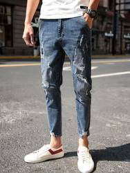 ຊາວຫນຸ່ມດູໃບໄມ້ລົ່ນ ripped ບາດເຈັບແລະ jeans ຜູ້ຊາຍແບບເກົາຫຼີ slim-fitting ເກົ້າຈຸດ harem pants ຂະຫນາດນ້ອຍຂາ pants elastic ແນວໂນ້ມນັກສຶກສາ