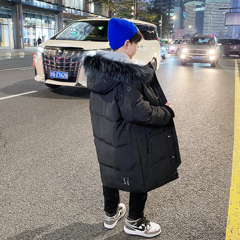 Boy's down clothes 2021 new children's mid-length version of cotton clothes CUHK Thickened Cotton Clothing Korean Version Coat Tide