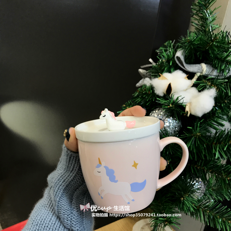 The Japanese lovely creative unicorn ceramic cup carousel mark cup milk coffee cup with pink girl students