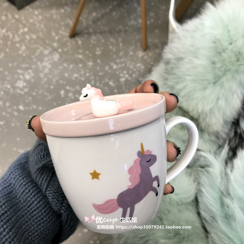 The Japanese lovely creative unicorn ceramic cup carousel mark cup milk coffee cup with pink girl students