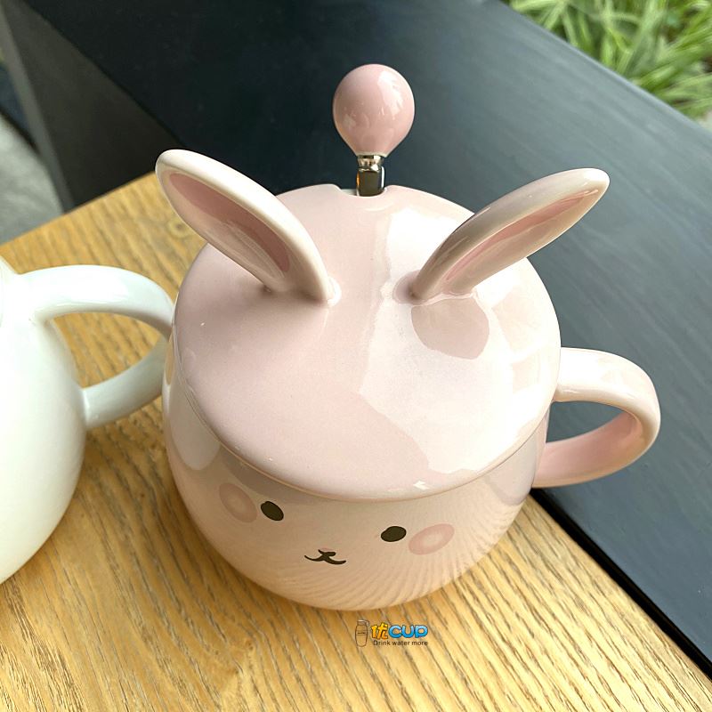 Ins girl heart mark cup with cover express little rabbit teaspoons of ceramic cup water cup of milk breakfast cup female students