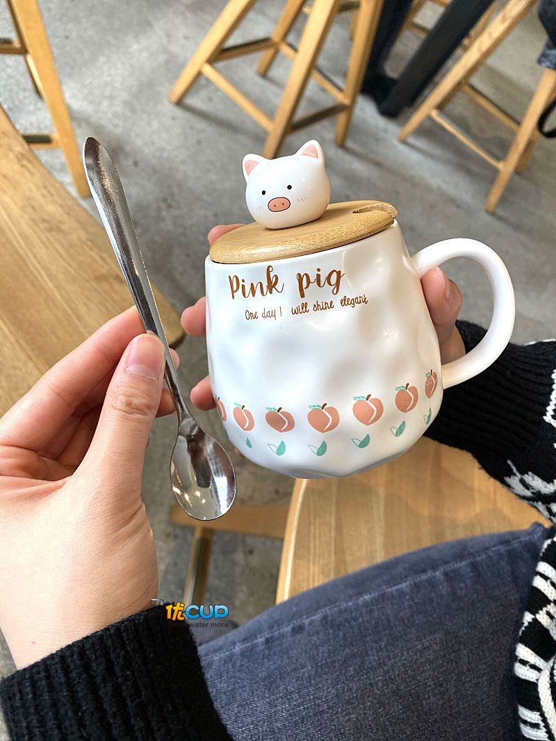 Creative mark cup with cover teaspoons of han edition couples ceramic cup milk cup water girl lovely pig heart of female students