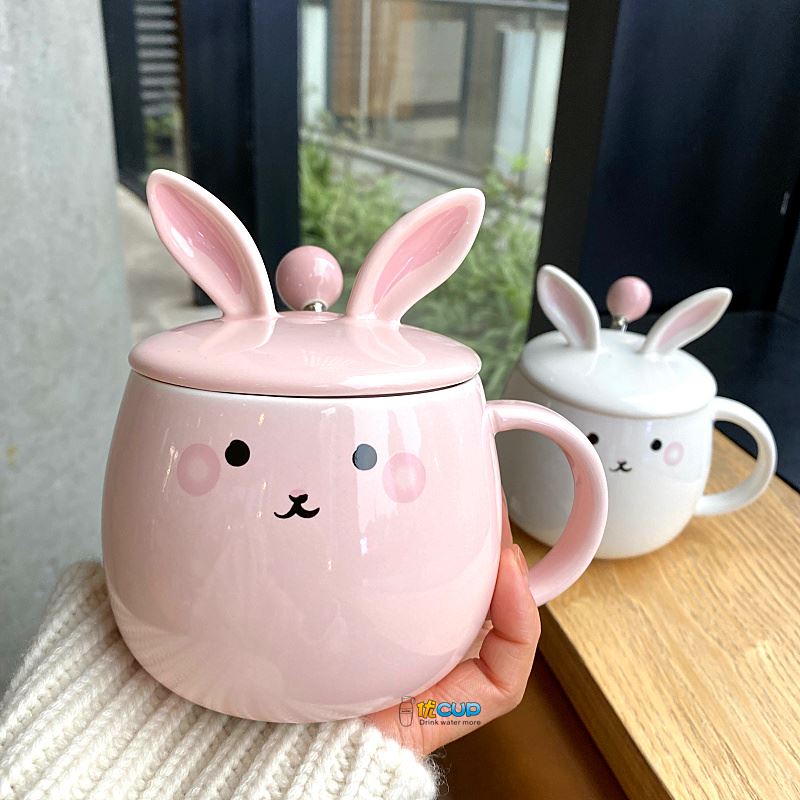 Ins girl heart mark cup with cover express little rabbit teaspoons of ceramic cup water cup of milk breakfast cup female students