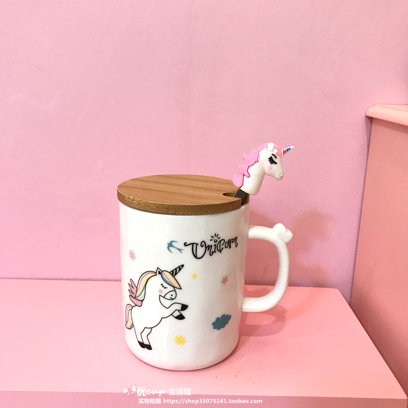 The Japanese lovely creative unicorn ceramic cup carousel mark cup milk coffee cup with pink girl students