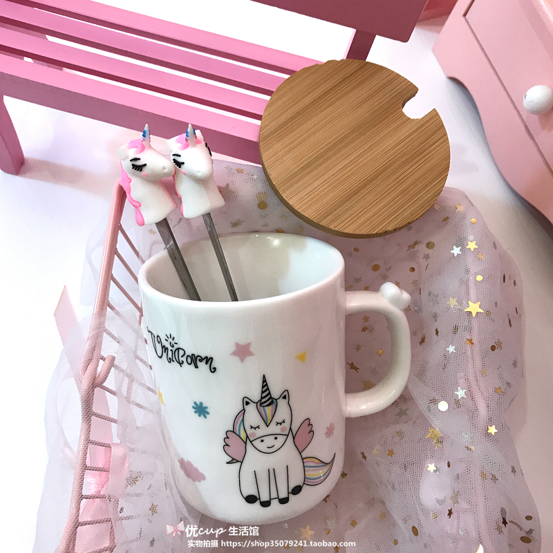 The Japanese lovely creative unicorn ceramic cup carousel mark cup milk coffee cup with pink girl students