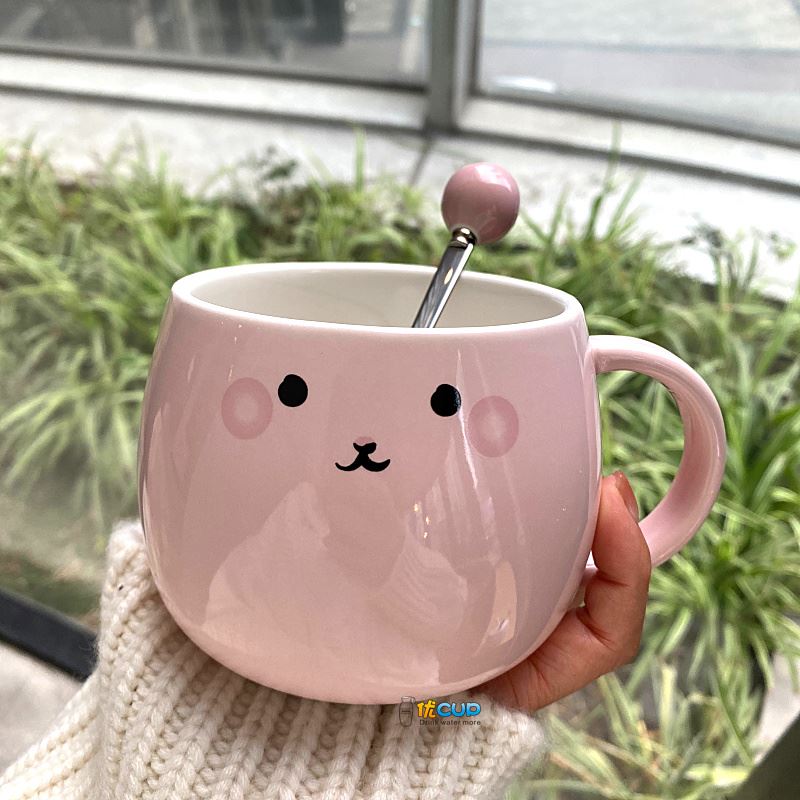 Ins girl heart mark cup with cover express little rabbit teaspoons of ceramic cup water cup of milk breakfast cup female students