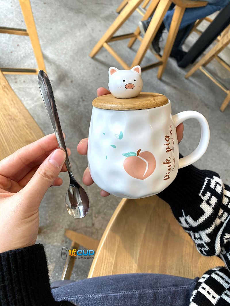 Creative mark cup with cover teaspoons of han edition couples ceramic cup milk cup water girl lovely pig heart of female students