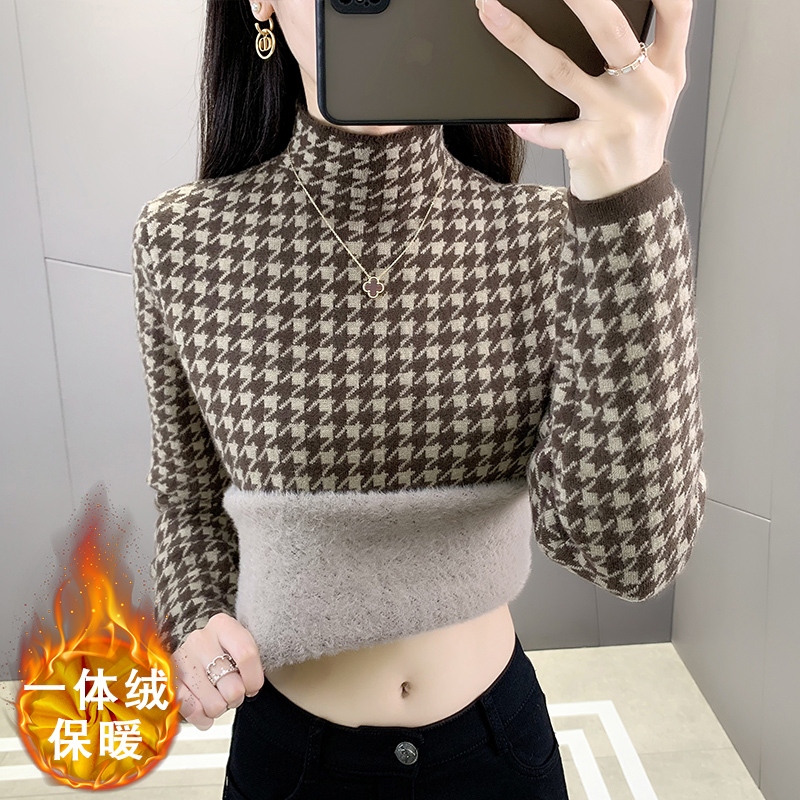One-Piece Fleece-Lined Sweater for Women, Autumn and Winter Thickened Warm Inner Layer, Houndstooth Pattern, Half-High Collar, Slim-Fit Knitwear One-Piece Fleece-Lined Sweater for Women, Autumn and Winter Thickened Warm Inner Layer, Houndstooth Pattern, Half-High Collar, Slim-Fit Knitwear