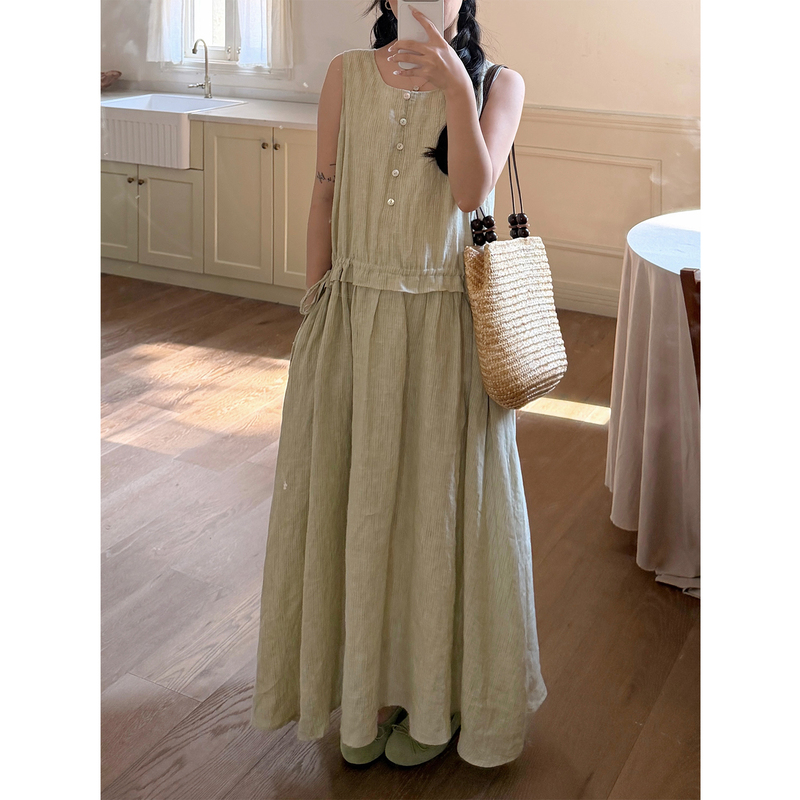 Minirose "Jasmine Green" Yarn-Dyed Linen Striped Tank Dress 2026 Summer New Long Dress