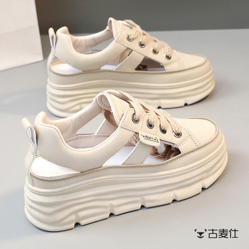 2026 New Women's Summer Genuine Leather Hollow Wedge Heel Platform Sneakers with Thick Sole, White
