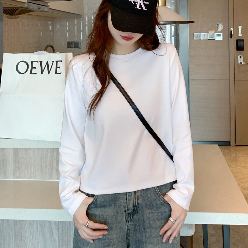 Short Long-Sleeved Top for Petite Women, Basic Spring and Autumn Layering, Loose-Fitting Base Shirt, Women's 2026 New Style, Regular Shoulder White T-Shirt Short Long-Sleeved Top for Petite Women, Basic Spring and Autumn Layering, Loose-Fitting Base Shirt, Women's 2026 New Style, Regular Shoulder White T-Shirt