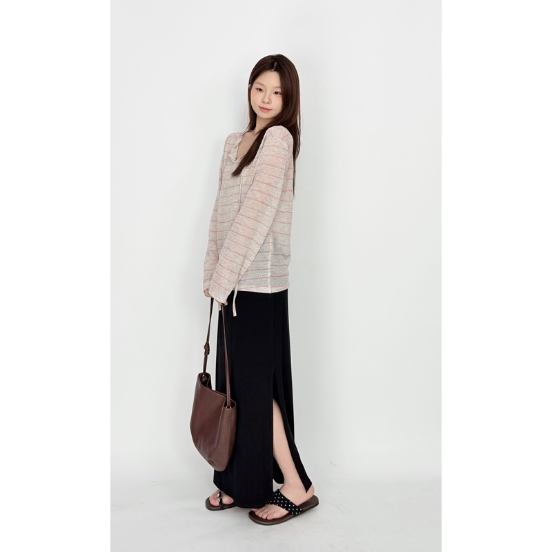 Slightly Sheer Striped Blouse with Long Sleeves + High-Waisted Slit Skirt Two-Piece Set Slightly Sheer Striped Blouse with Long Sleeves + High-Waisted Slit Skirt Two-Piece Set