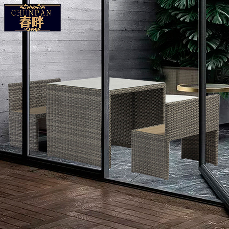 Spring side balcony rattan three-piece set long table and chair combination coffee outside garden garden leisure plastic wood outdoor table and chair