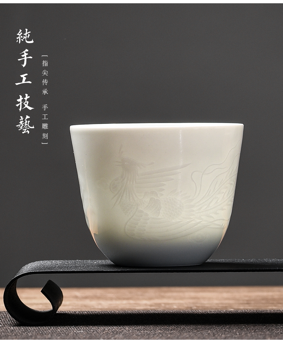 Jingdezhen flagship store shadow green hand dark moment longfeng ceramics for a cup of sweet white glazed sample tea cup set master CPU