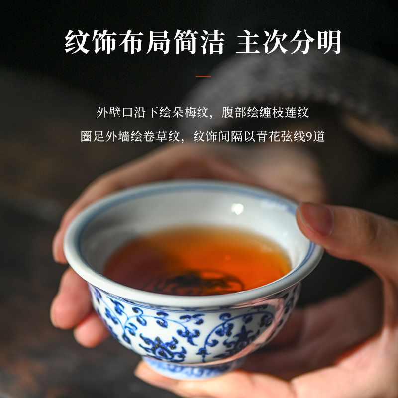 Jingdezhen flagship store Ming yongle blue tie up sticks double lion play ball grain pressure hand cup archaize branch hand of master CPU