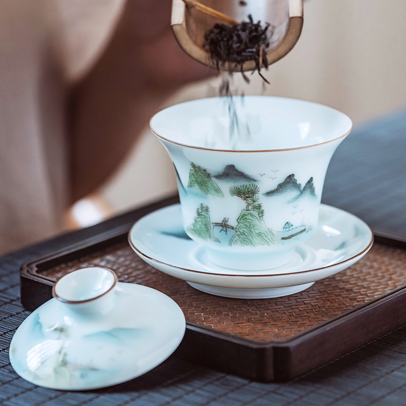 Jingdezhen flagship store new hand - made color ceramic shadow green home three only a single small tureen kung fu tea tea set