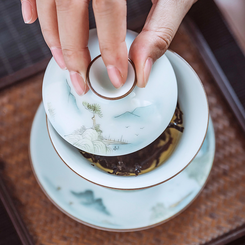 Jingdezhen flagship store new hand - made color ceramic shadow green home three only a single small tureen kung fu tea tea set