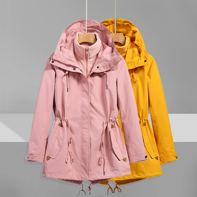 American-Style Mid-Length Women's Outdoor Three-In-One Jacket, Waist-Cinching, Windproof, Fleece-Lined, Hooded Mountaineering Jacket