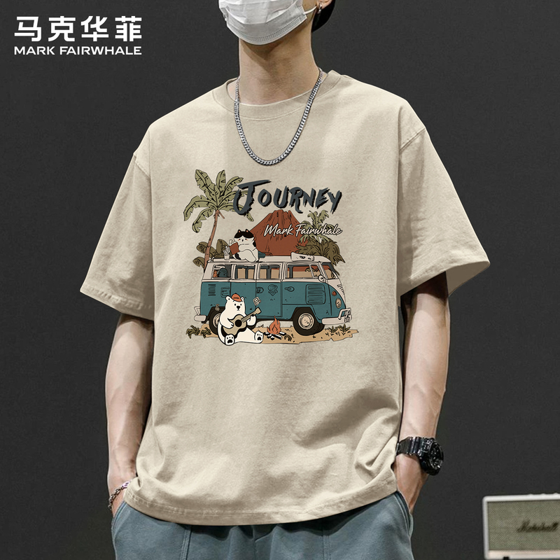 Mark Fairwhale Short-Sleeve Summer New American-Style Printed Pure Cotton Loose Men's T-Shirt Trendy Brand Men's Top Mark Fairwhale Short-Sleeve Summer New American-Style Printed Pure Cotton Loose Men's T-Shirt Trendy Brand Men's Top