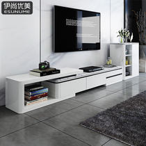 Marble TV cabinet combination Modern simple paint retractable small apartment Nordic living room coffee table floor cabinet
