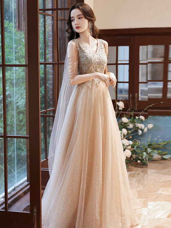 Champagne-Colored Evening Dress 2026 New Style Light Luxury Niche High-End Coming-Of-Age Ceremony Host Student Graduation Performance Dress Champagne-Colored Evening Dress 2026 New Style Light Luxury Niche High-End Coming-Of-Age Ceremony Host Student Graduation Performance Dress