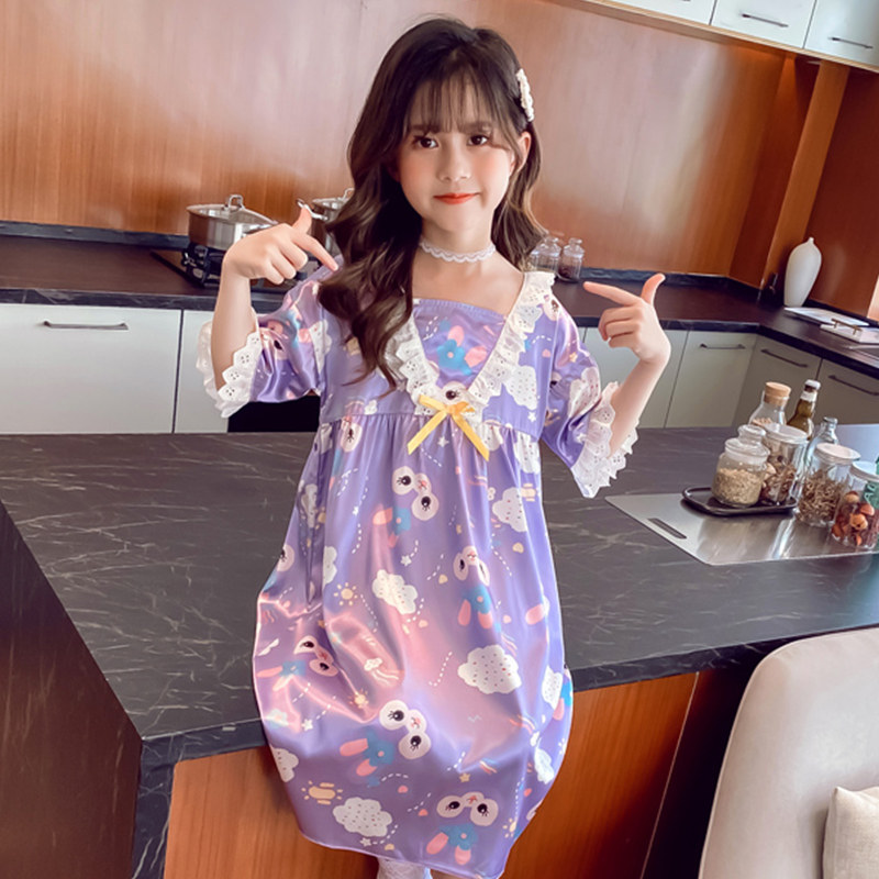 Girls' nightdress summer ice silk 2022 new skirt children's summer girl thin section short-sleeved princess wind pajamas summer