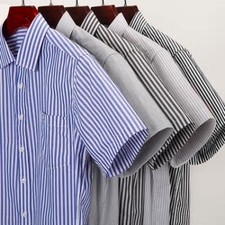 Summer men's pure cotton short-sleeved loose casual shirt blue striped middle-aged half-sleeved men's pocket dad shirt