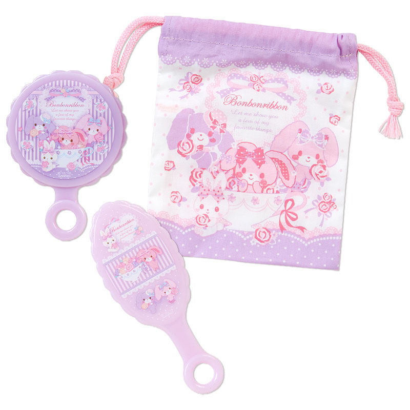 Japan SanrioBonBonRibbon Rabbit bundle pocket portable makeup mirror Portable mirror comb Set