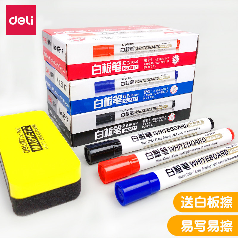 DELI 6817은 화이트 보드 펜 워터 -기반 흑인 어린이의 비 독성 컬러 레드 블루 블랙 보드 교사 사무용품 문구를 문지릅니다.
