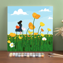 Flower Fields Digital oil painting Diy Fill cartoon Cartoon Handcrafted Color Hand-painted Landscape Oil Color Painting Decoration Painting