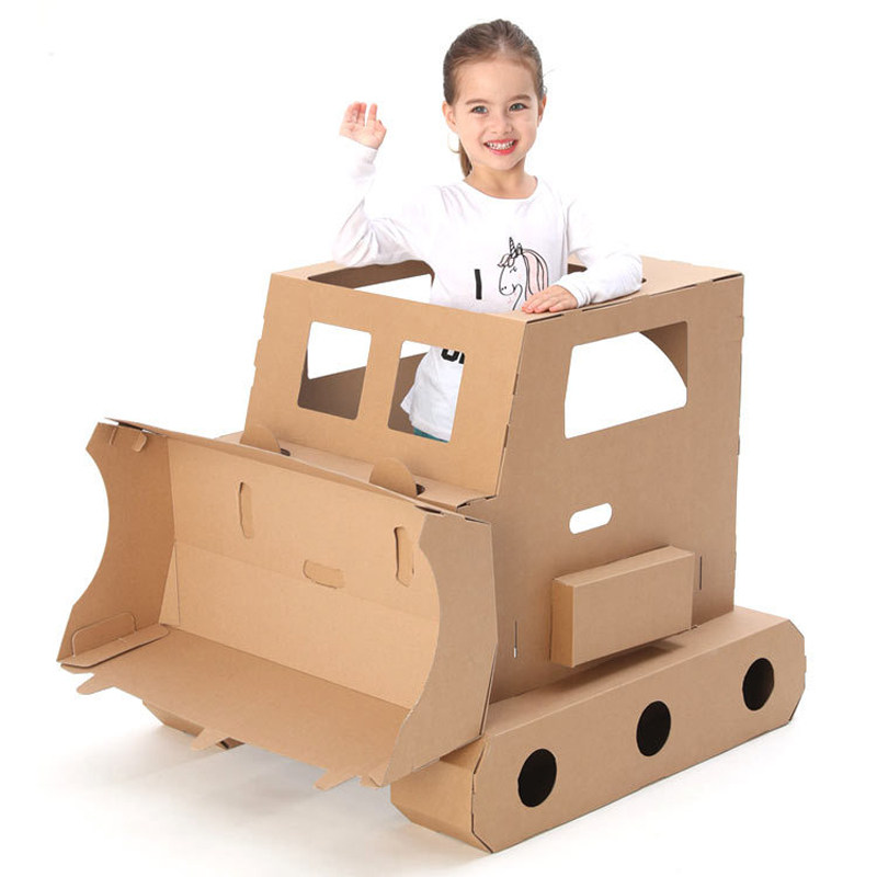 Handmade bulldozer engineering vehicle carton shell leather board diy graffiti making model children's painted toy kindergarten