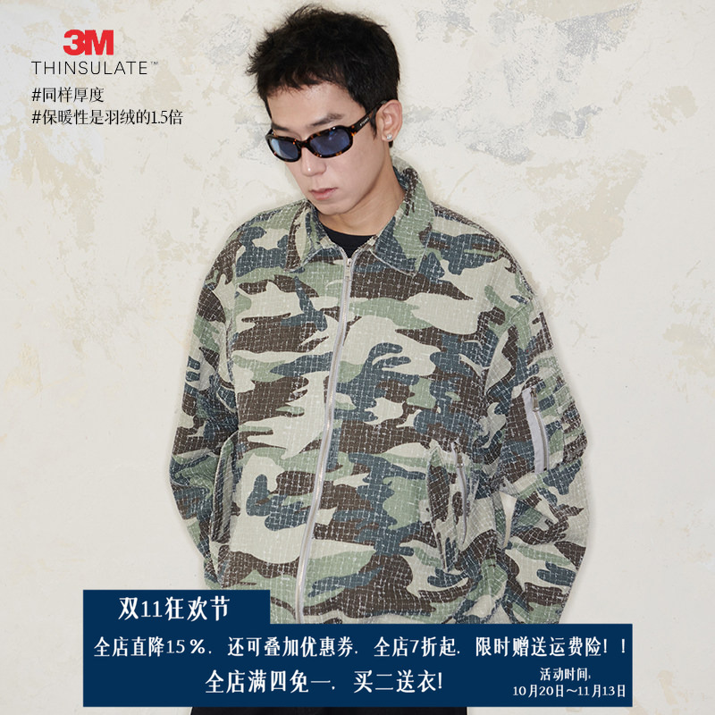【 50% off 】Uaried Vintage Camouflage Washed Zipper Jacket Ma1 Coat 3m Thinsulate Cotton Clothing Warm and Wind-Resistant