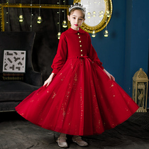 Girl Red Dress Long Sleeve Princess Dress Foreign Air Small Host Piano Show Flowers Children Students Long Winter Dress