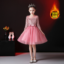 Girl Gown Flowers Childlike Autumn Winter Super-Ocean Wedding Fluffy piano Performance New Chinese New Year Dress Plus Velvet Princess Dress