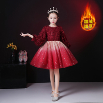Princess dress gown girls winter style small flower girl host childrens piano playing a red long sleeve banquet