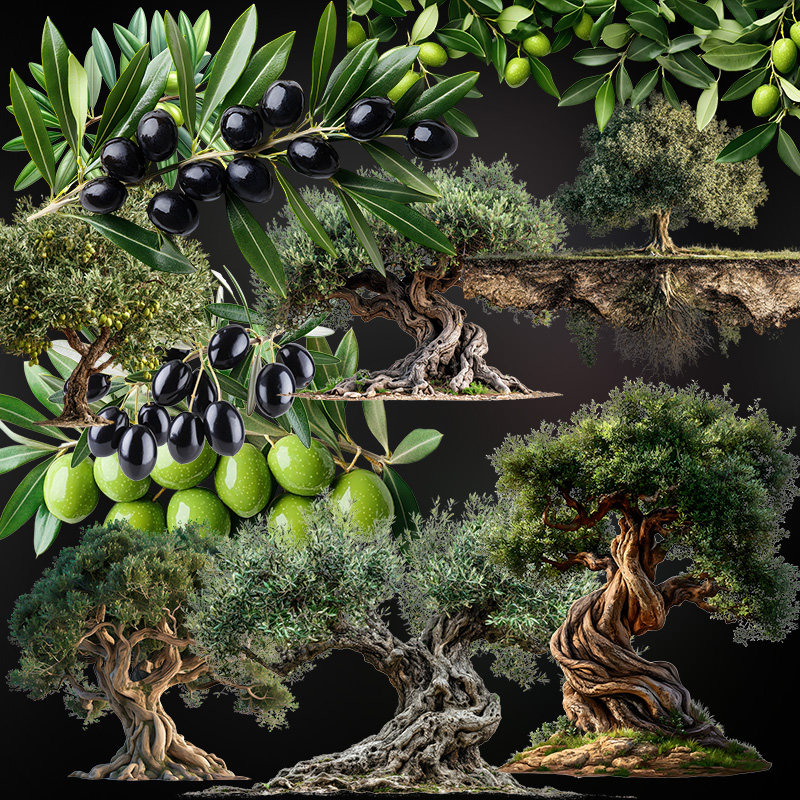 高清橄榄树PNG素材集合 25款透明背景树枝树叶自然风格设计元素包