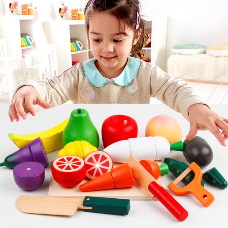 Vegetables and fruits cut music wooden magnetic play house wine kitchen toy simulation set children's educational birthday gift