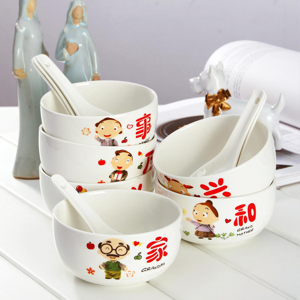 The New creative job ceramic bowls bowl 6 spoon set gifts web celebrity Korean tableware bowls of rice bowls household 6 people