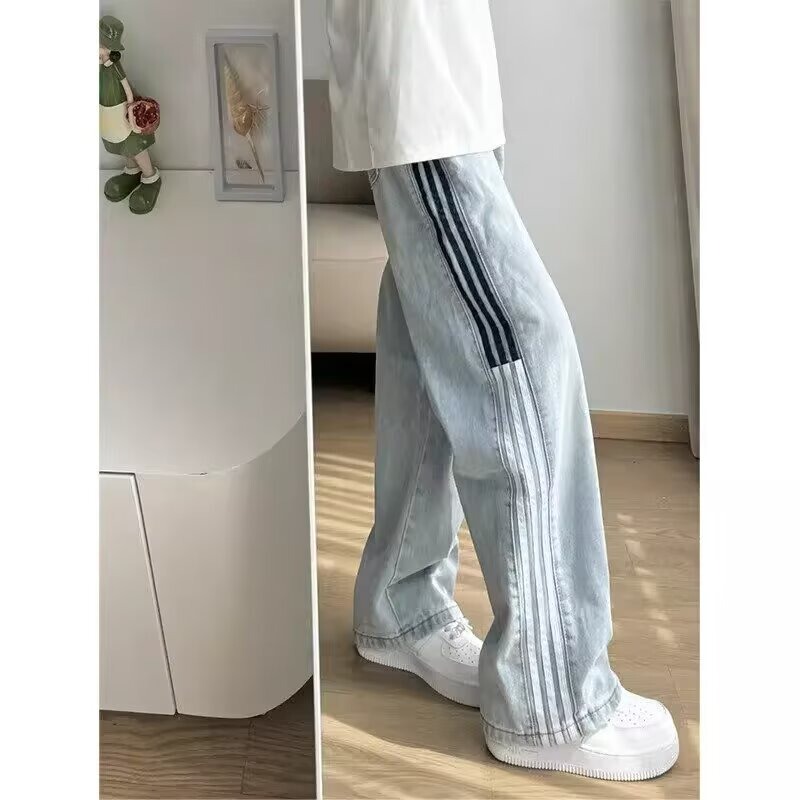 2025 American Retro Three-Stripe Jeans for Men, Autumn Striped Patchwork Washed Loose Straight Wide-Leg Pants