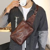 Blue leather chest bag mens leather Tide brand personality crossbody Joker top layer cowhide small retro small backpack