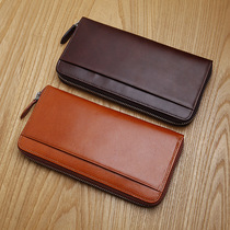 Blue leather original mens long leather zipper wallet top layer cowhide card pocket mobile phone bag hand bag