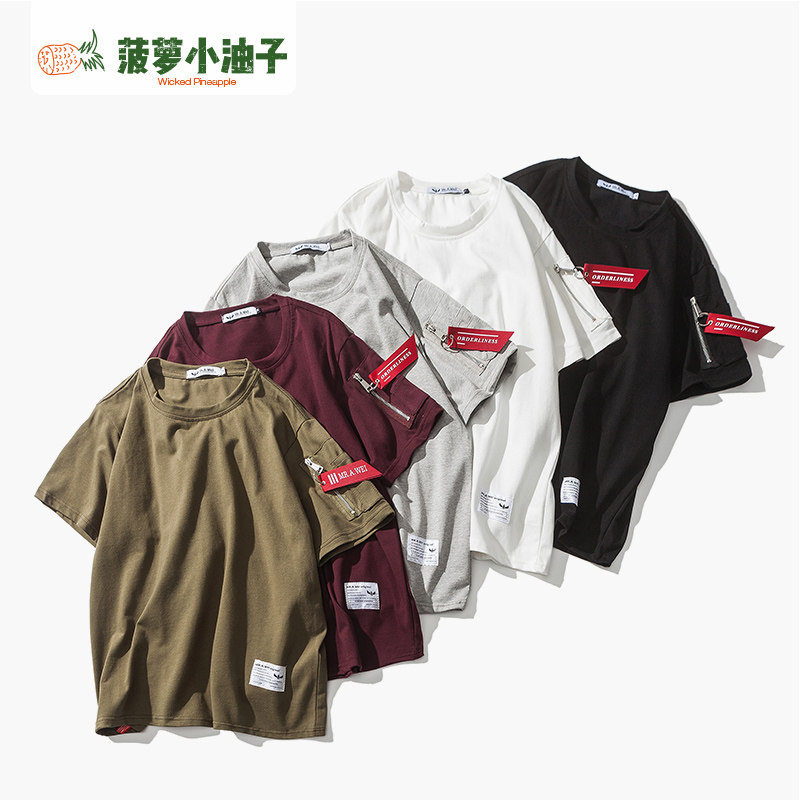 菠萝小油子 青年个性飘带T恤短袖男潮流休闲圆领纯棉修身打底衫