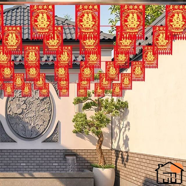 Wedding yard decoration red silk bunting outdoor lantern happy word string flag outdoor ceremony layout happy word pull flower celebration supplies