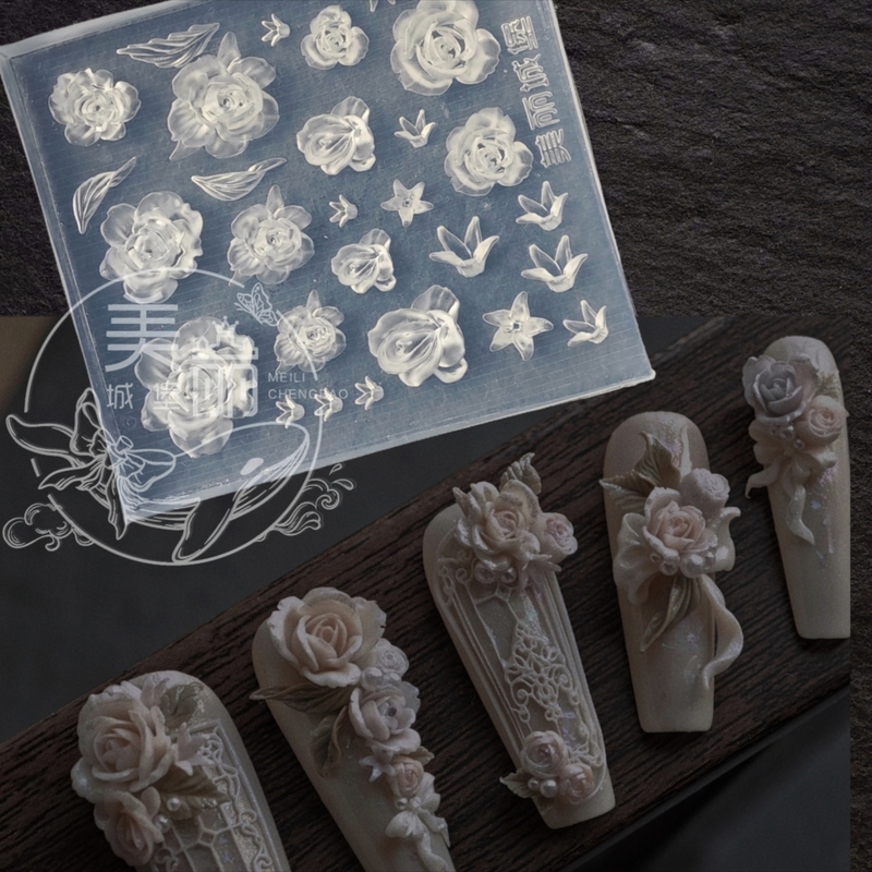 Flower Moon Night Nail Art Mini Rose Embellishment Large Flower Carving Mold Beautiful Castle Genuine Silicone Mold