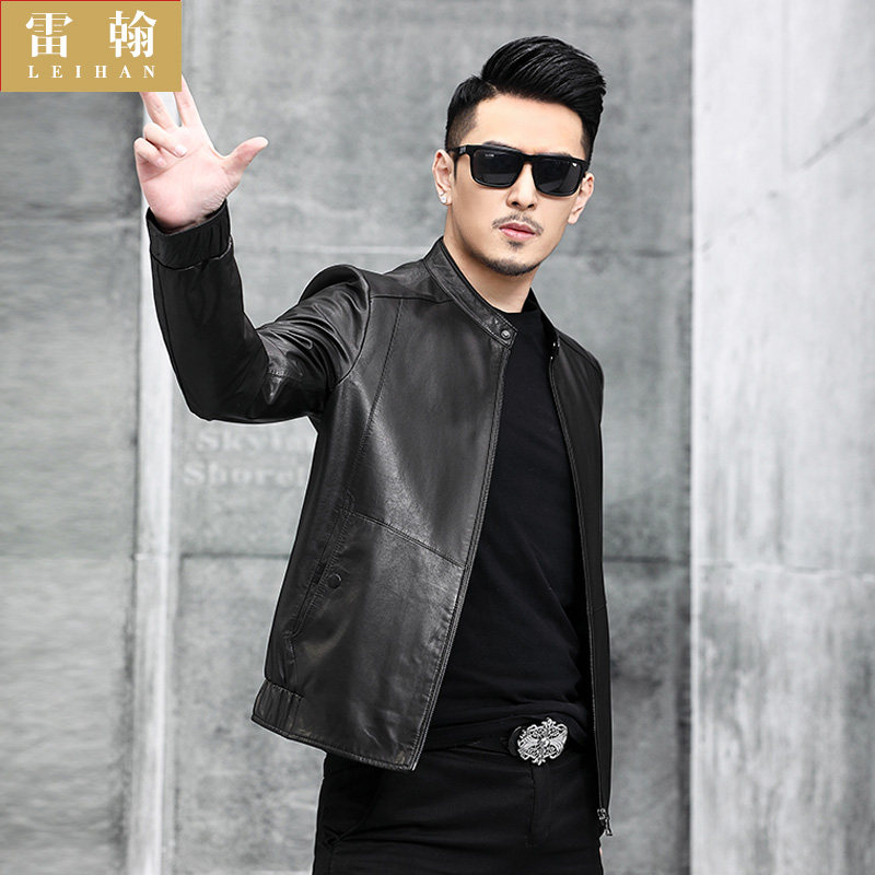 Haining leather leather men's goatskin short stand-up collar motorcycle leather jacket Slim-fit men's thin handsome jacket